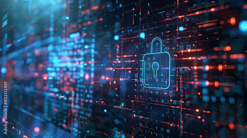 Poster a computer screen with a blue and red lock symbol on it
