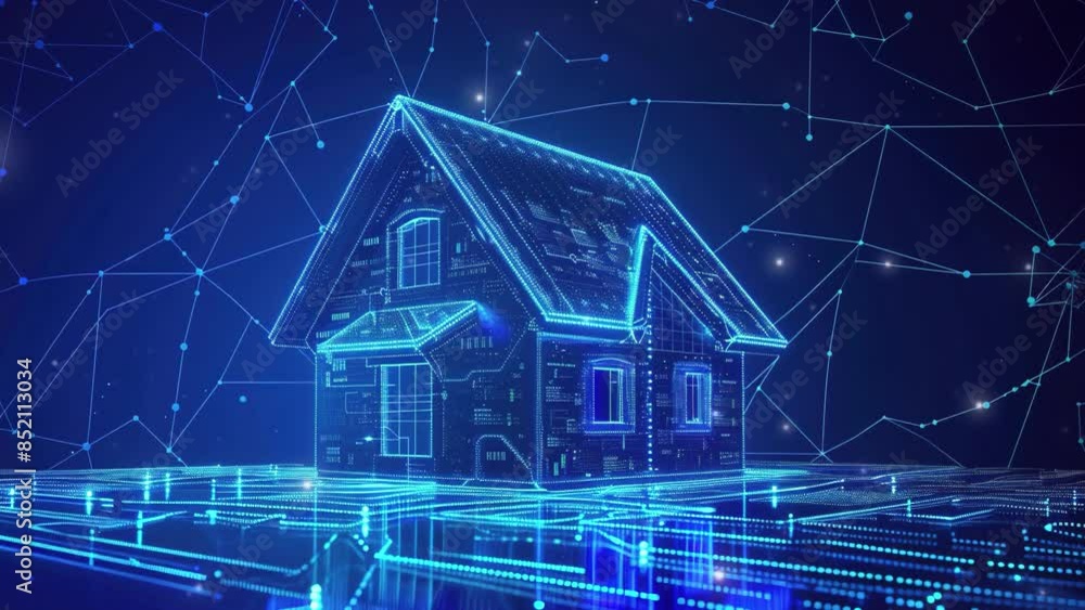 Aufkleber digital house icon on a circuit board background with a blue glowing light effect. house with futuri