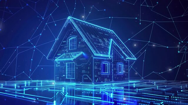 Digital house icon on a circuit board background with a blue glowing light effect. House with futuristic network connection technology big data. Smart home system in the style of technology. 4K Videos
