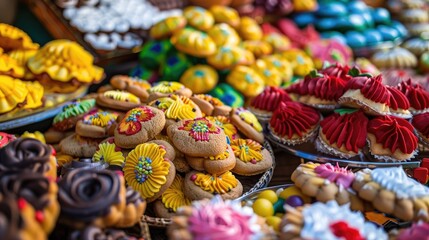 Experience the vibrant essence of the Corpus Christi celebrations through an array of delicious treats like cookies and colorful marzipan fruits