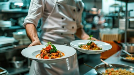 Obraz premium Chef presenting plates of delicious food