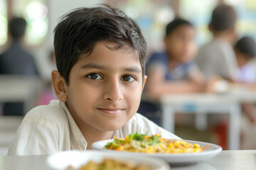 Naklejka premium Close-up of a cute Hindu boy sitting at a table in a modern school canteen with food in front of her, school nutrition concept.