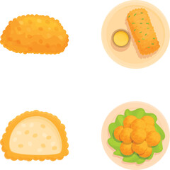 Collection of four vector illustrations showcasing different fried foods in a minimalistic style