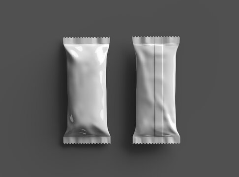 3D render for a glossy generic, sealed ice-cream packaging bag with crimped edges on a dark background