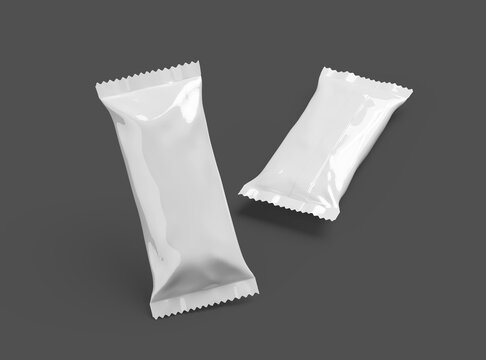 3D render for a glossy generic, sealed ice-cream packaging bag with crimped edges on a dark background