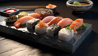 Sushi Set sashimi and sushi rolls served on stone slate, Various kinds of sushi served on black stone, A sushi set featuring sashimi and sushi rolls elegantly