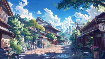 A painting of a street with a lot of trees and houses