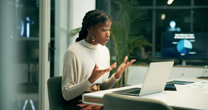 Administration, laptop and video call with business black woman in office at night for research. Computer, meeting and project management with employee in creative workplace for virtual communication