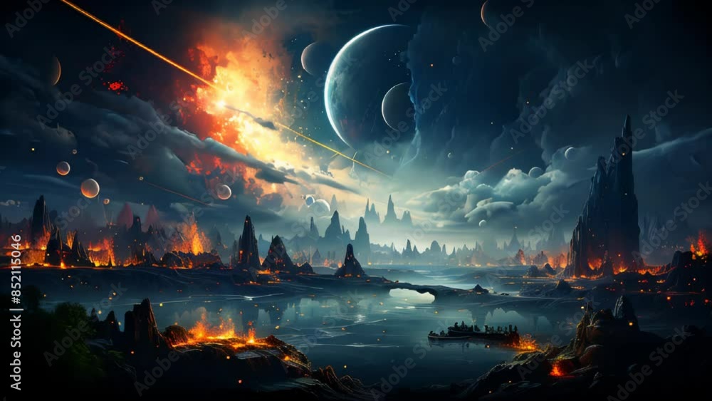 Aufkleber space scene with futuristic planet surface and stars in open space with planets and galaxies