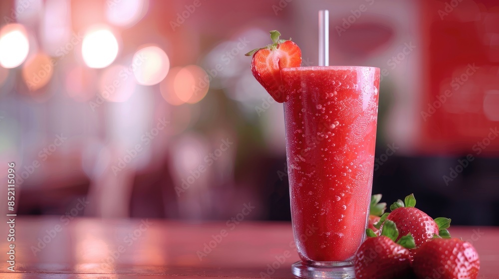 Wall mural glass of strawberry juice with a straw - Wall murals