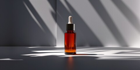 Beauty bottle of gold serum art photo. Dark key of light painting on background,, glass , liquid