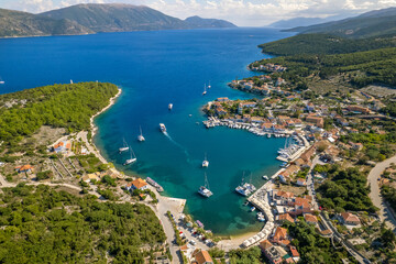 Obraz premium Aerial view of the picturesque Fiskardo village and port Kefalonia, Greece