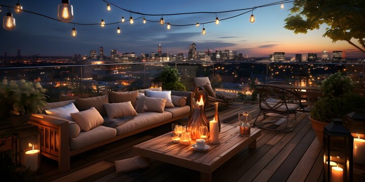 terrace with outdoor string lights View over cozy outdoor, beautiful house with lanterns Autumn evening on the roof terrace