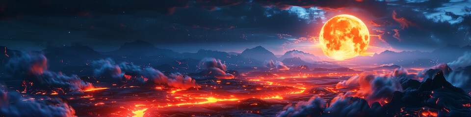 Fototapeta premium landscape with Volcanic eruption, majestic lava under moon. Fantasy Wall Art Poster Print Design for Home Decor, Decoration Artwork, Wallpaper & Background