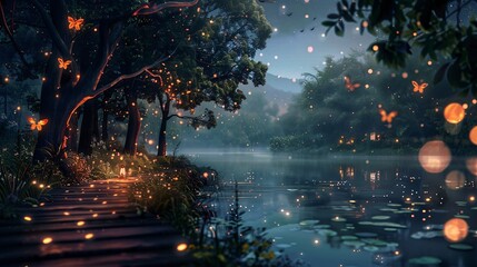 A forest with a river and a bridge