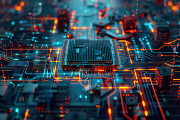 A computer chip is shown in a close up with a blue background