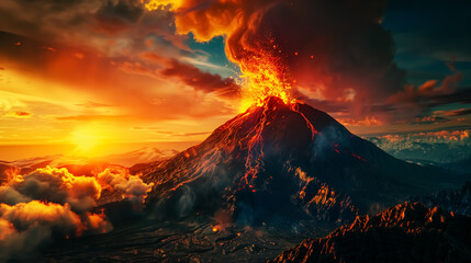 Volcanic eruption, majestic landscape with volcano and lava. Wall Art Poster Print Design for Home Decor, Decoration Artwork, High Resolution Wallpaper & Background for Computer, Smartphone, Cellphone