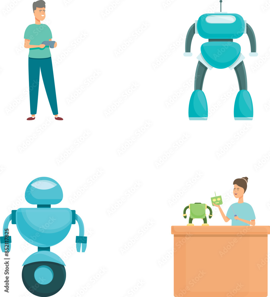 Poster a collection of illustrations featuring humans and robots in various interactions