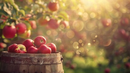 An apple barrel in the farm and harvest season with sunlight and a vanilla sky. It was generated by computer vision and artificial intelligence.