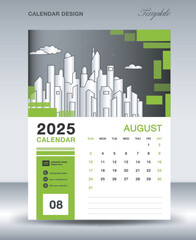 Calendar 2025 design template- August 2025 year layout, vertical calendar design, Desk calendar template, Wall calendar 2025 template, Planner, week starts on sunday, green background vector