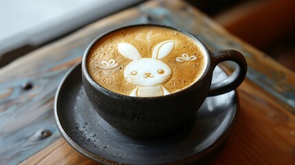 Charming Bunny Latte Art in a Cozy Ceramic Cup on Wooden Table, Featuring Cute Foam Bunny With Floral Motif for a Delightful Coffee Treat