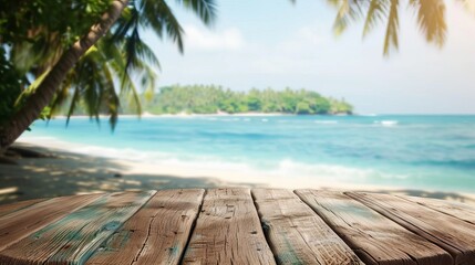 An aged wooden pedestal with free space, set against a blurred summer beach landscape as the background.