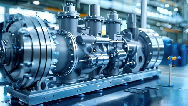Industrial equipment in a factory. Industrial background of an oil refinery with pipes, valves and pumps