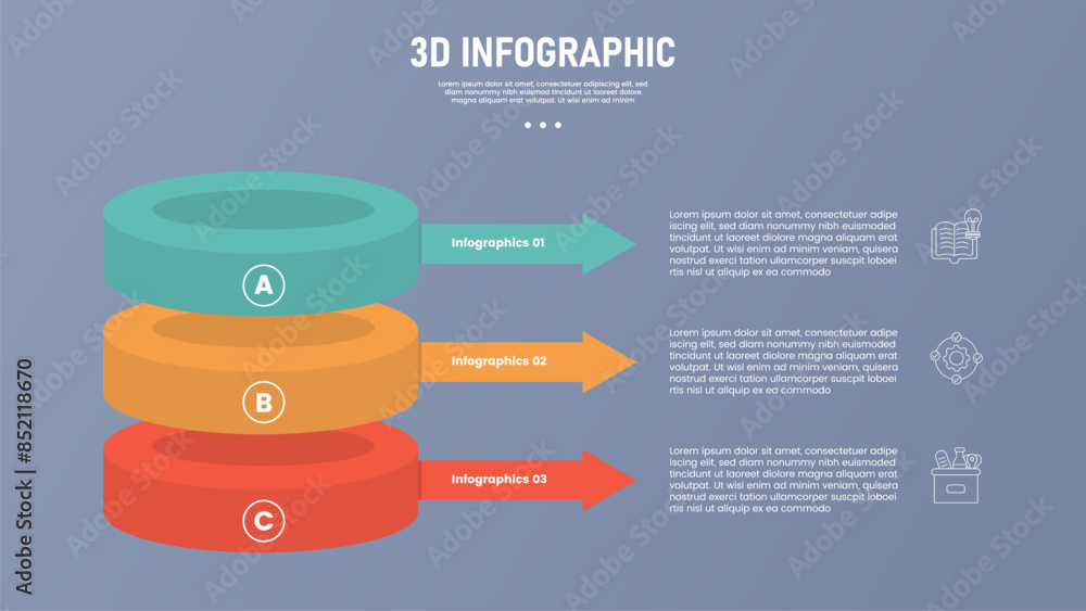 Poster 3 point stage or step infographic template with 3d isometric style shape with outline circle and arr