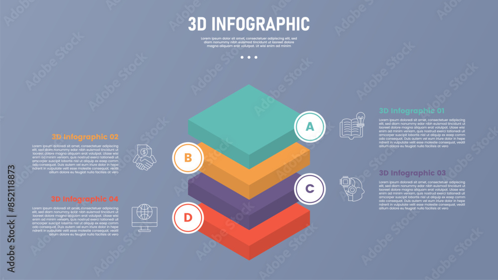 Aufkleber 3 point stage or step infographic template with 3d isometric style shape with square layer stack on 