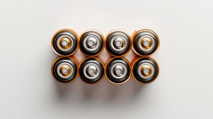 Aerial view of a fresh pack of AA batteries on a white background