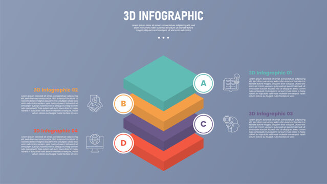 3 point stage or step infographic template with 3d isometric style shape with square layer stack on center for slide presentation
