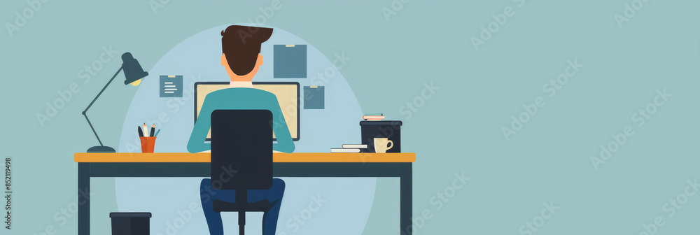Poster a man sits at his desk, facing a computer with a desk lamp shining light on him. he appears to be wo