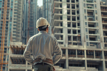 Fototapeta premium A man wearing a hard hat and a grey jacket stands in front of a building