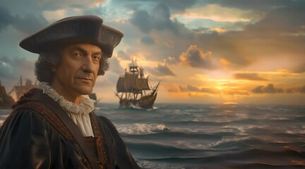 Columbus with backdrop of sea, his expedition ships and setting sun. Historic voyage with age of Exploration. Christopher Columbus stands on the deck of his ship, his eyes fixed on horizon.