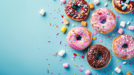 Celebrate National Donut Day with a vibrant carnival or birthday party card featuring delectable donuts adorned with chocolate marshmallows and sugar sprinkles on a fun blue backdrop leavin