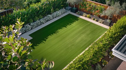 Bird's eye view capturing a suburban backyard oasis with a large artificial grass area for recreational activities, framed by flowering shrubs and a small orchard, offering both beauty and utility.