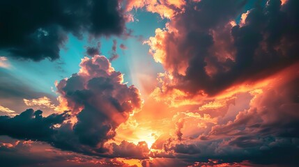 Fototapeta premium A dramatic sunset sky with clouds, casting vibrant hues across the horizon.