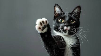 Tuxedo cat playfully raising paw with claws on gray background