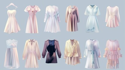 Fashion women's clothes set showcasing elegant female clothing isolated, featuring a collection of light-colored apparel for ladies.