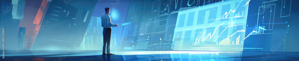 Aufkleber a businessman stands in a futuristic environment, analyzing data displayed on a large digital screen