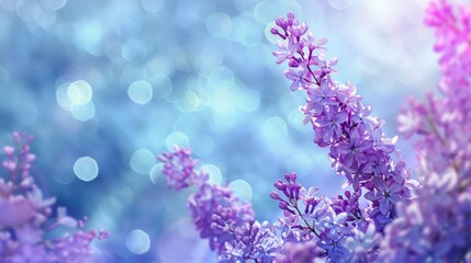 Fototapeta premium Lilac Flowers Bush on Blue Sky Bokeh Background