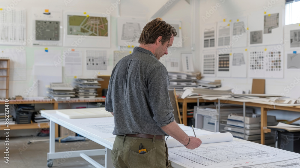 Poster a man in a grey shirt is studying a blueprint at a large table in a bright workspace filled with pap