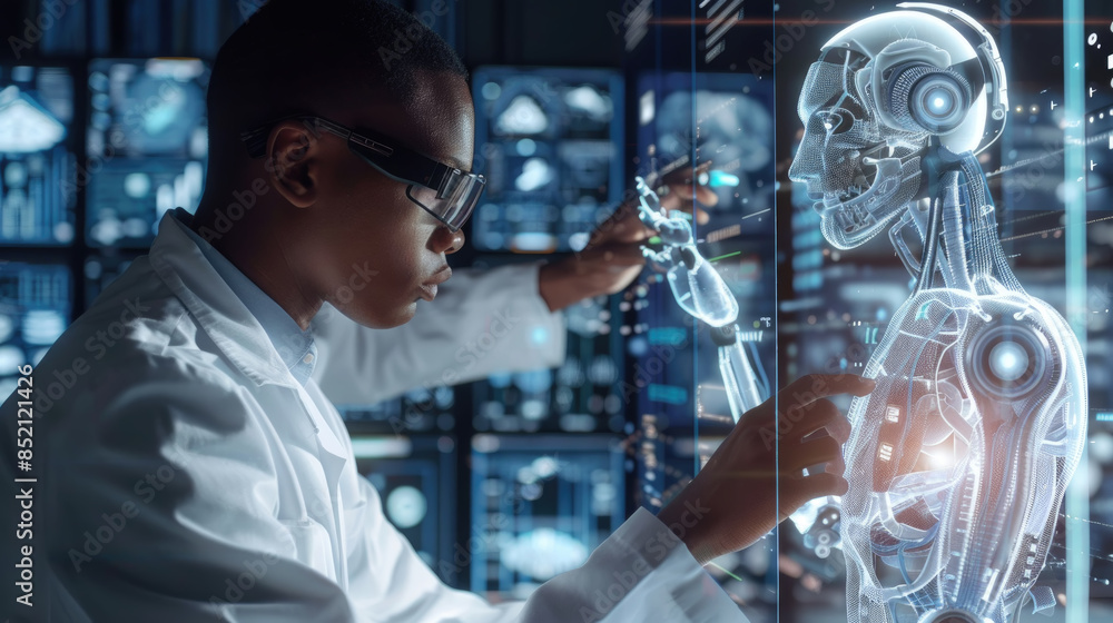 Poster a scientist in a lab coat interacts with a digital human anatomy model displayed on a large screen. 