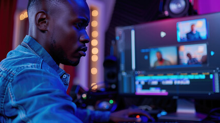 Fototapeta premium A young African American man sits at a computer, diligently editing video footage in a home studio setting