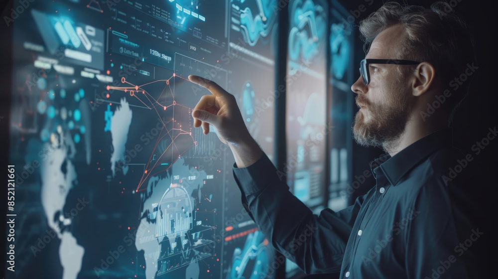 Poster a man in a dark shirt is exploring a digital world map with data visualizations on a large screen, u