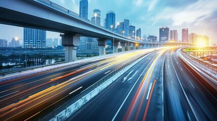 Naklejka premium Motion-blurred Highway Overpass with City Background