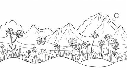 Graphic vector illustration of a landscape featuring flowers, trees, and mountains, created in a single continuous line drawing concept."