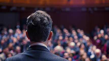 A speaker, facing a large audience, stands at the podium in a dimly lit auditorium