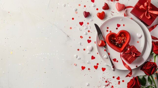 A romantic Valentine s Day setting captured in a vertically oriented top down photograph The image features a heart shaped plate adorned with a bouquet of red roses a gift box candies a kni