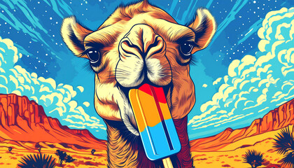 Pop art style poster of a camel in the hot desert enjoying a tasty and colorful popsicle